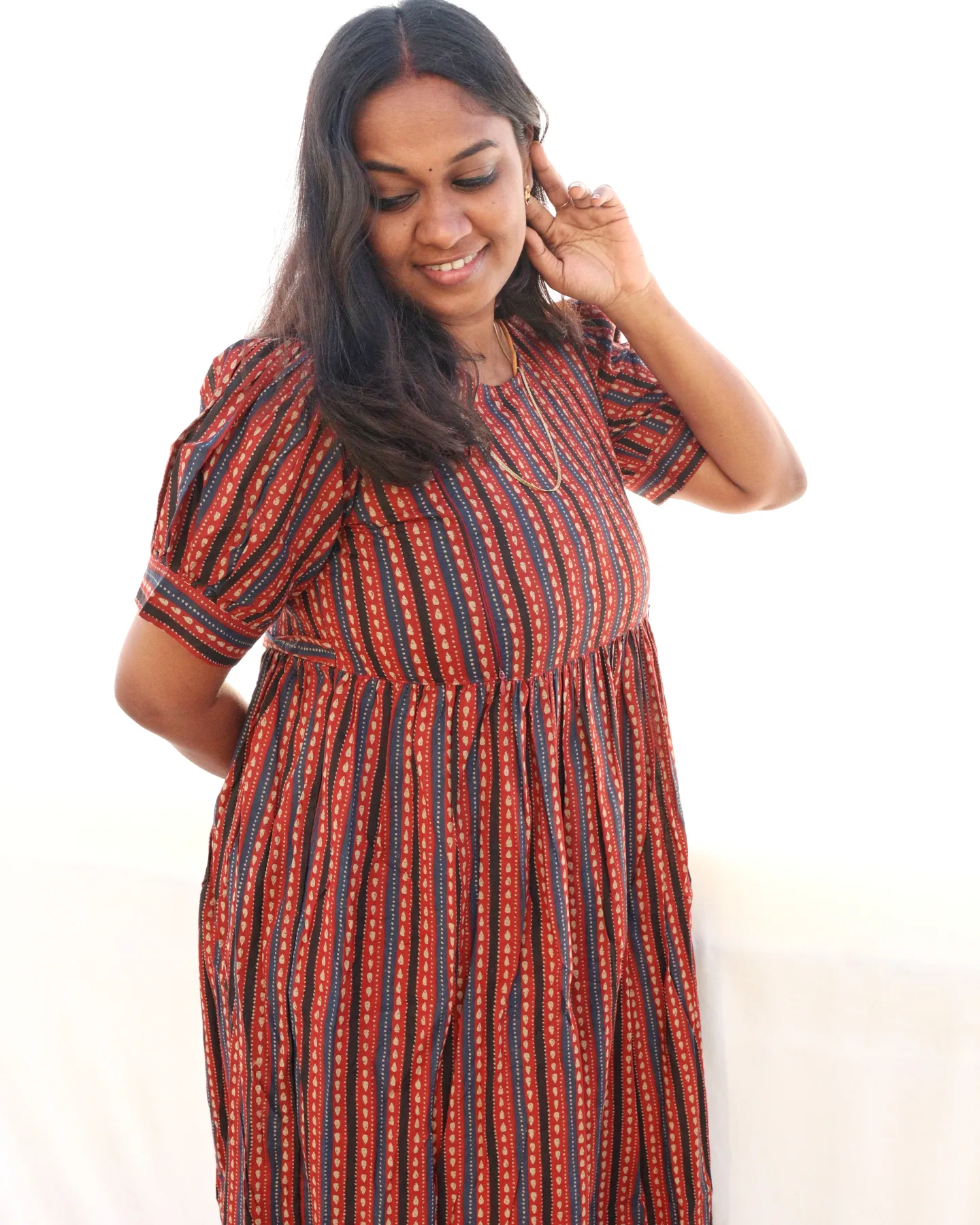 Maternity Gown with Double side zips - Red and Black stripes - Image 3