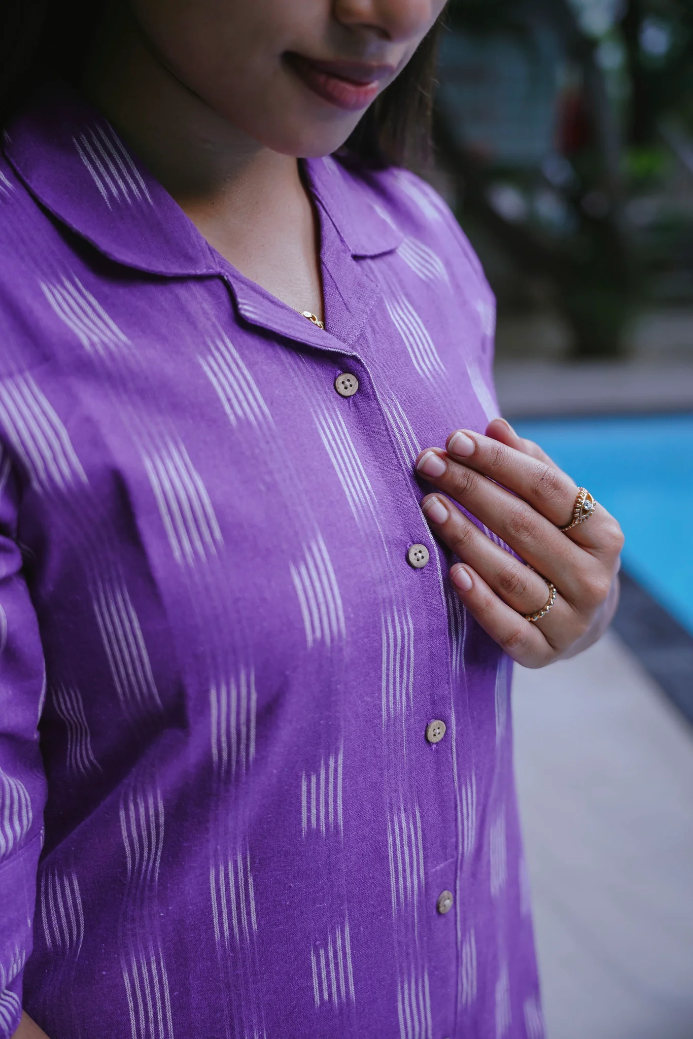 Ikkat Kurti  with cotton lining- Lavender Plum -  front 4 buttons openable - Image 3