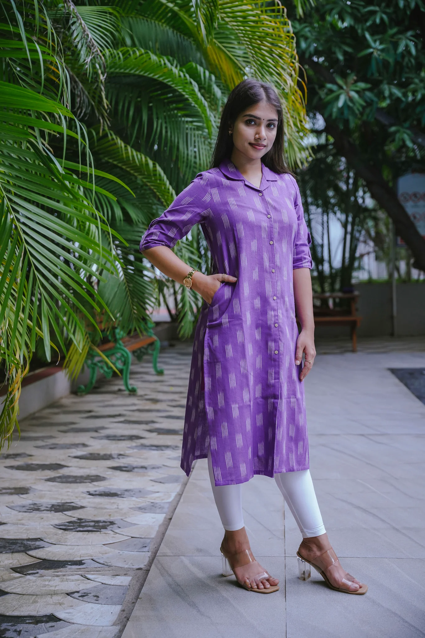 Ikkat Kurti  with cotton lining- Lavender Plum -  front 4 buttons openable - Image 4