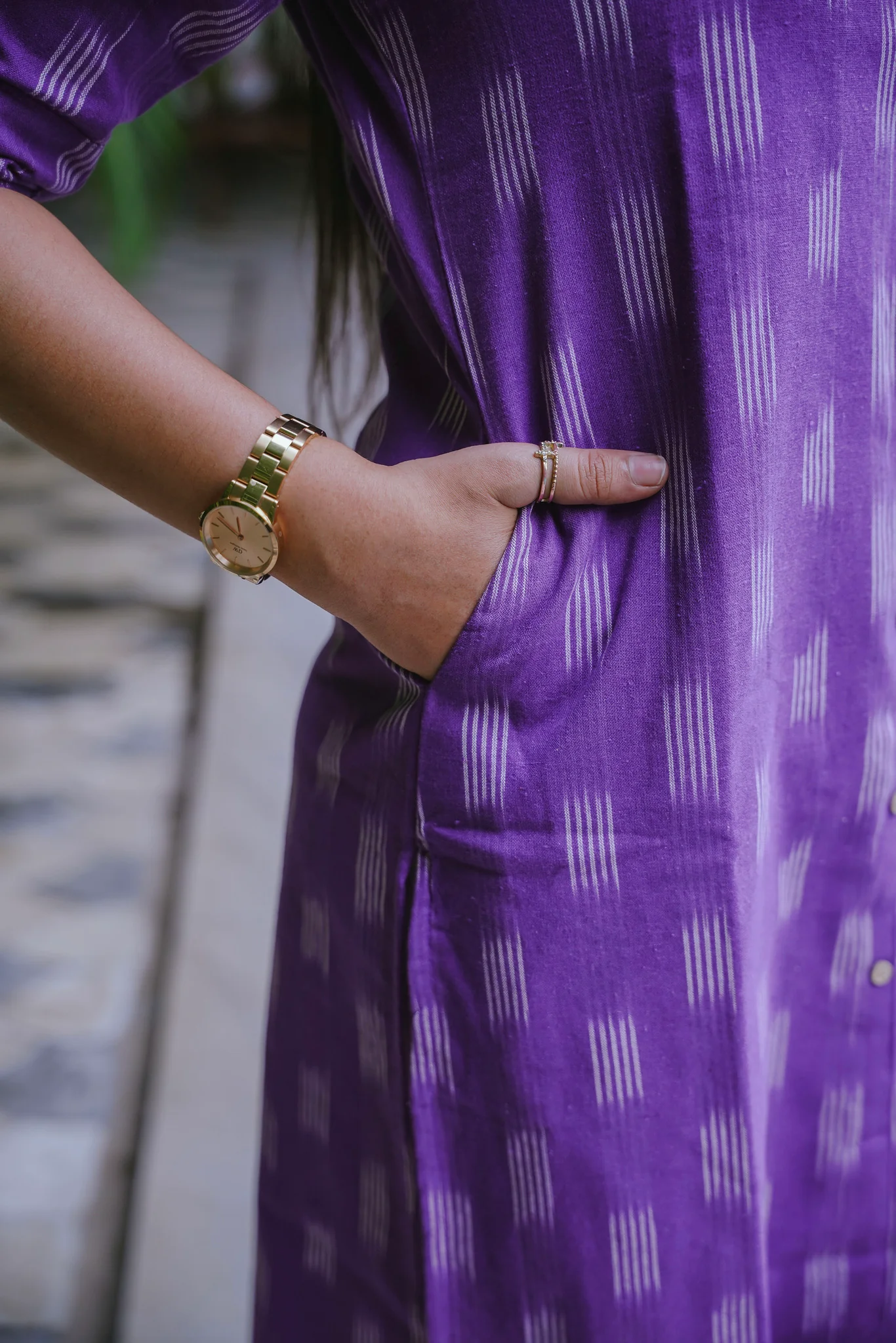 Ikkat Kurti  with cotton lining- Lavender Plum -  front 4 buttons openable - Image 5