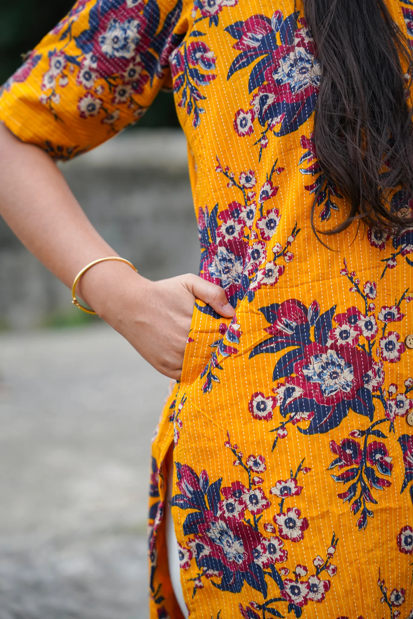 Kantha Cotton Kurti with cotton lining- Front 4 buttons openable - Marigold Charm - Image 2