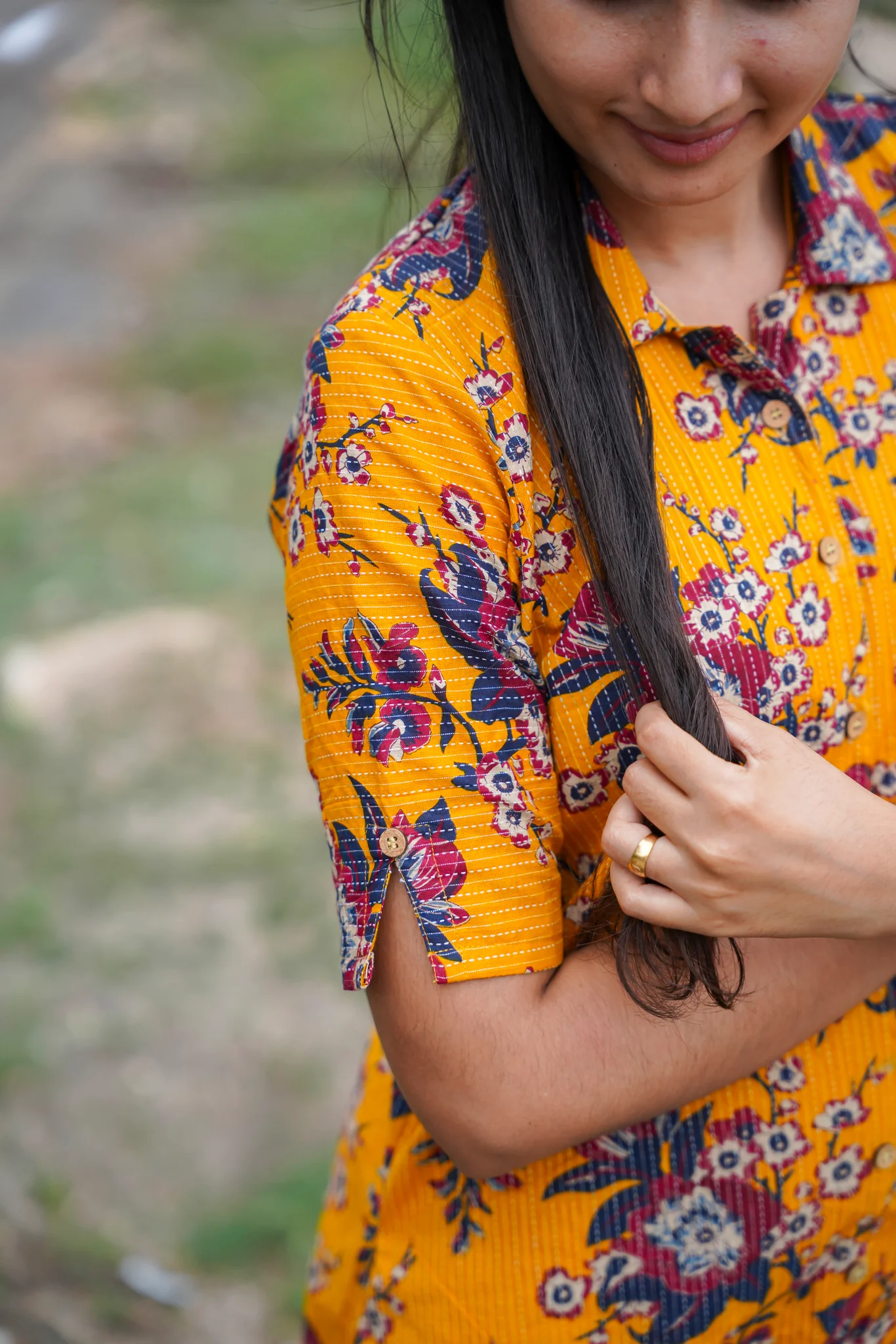 Kantha Cotton Kurti with cotton lining- Front 4 buttons openable - Marigold Charm - Image 3