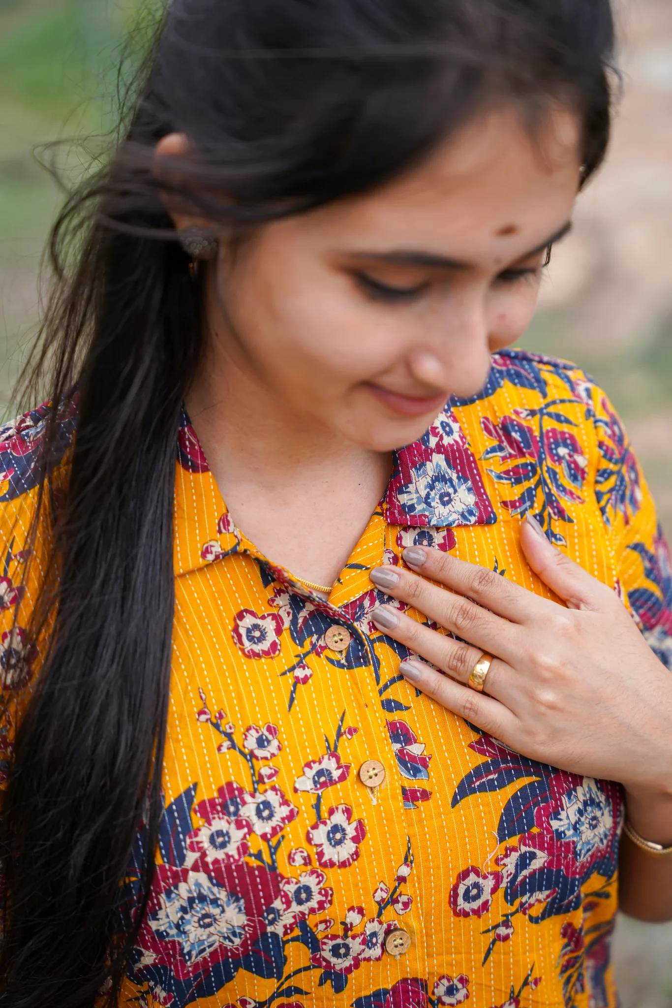 Kantha Cotton Kurti with cotton lining- Front 4 buttons openable - Marigold Charm - Image 4