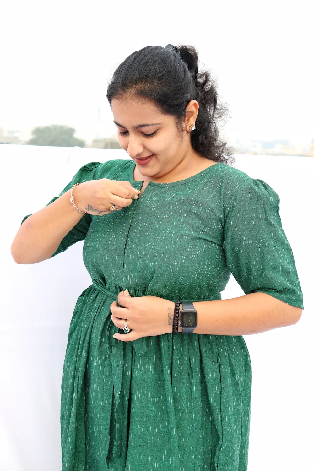 Maternity Top/Dress- Center zip - Green Ikkat - Image 4