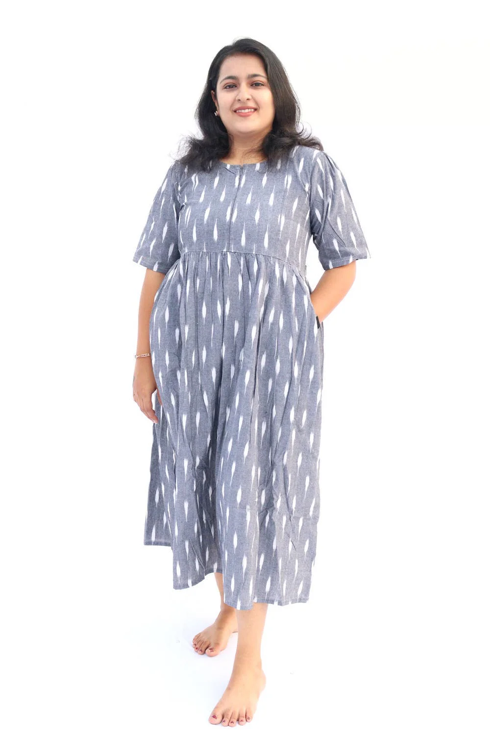 Maternity Top/Dress - Center zip Gown - Ikkat Grey - Image 3